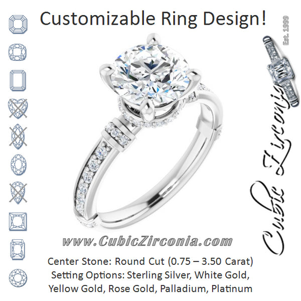 Cubic Zirconia Engagement Ring- The Ambrosia (Customizable Round Cut Style featuring Under-Halo, Shared Prong and Quad Horizontal Band Accents)