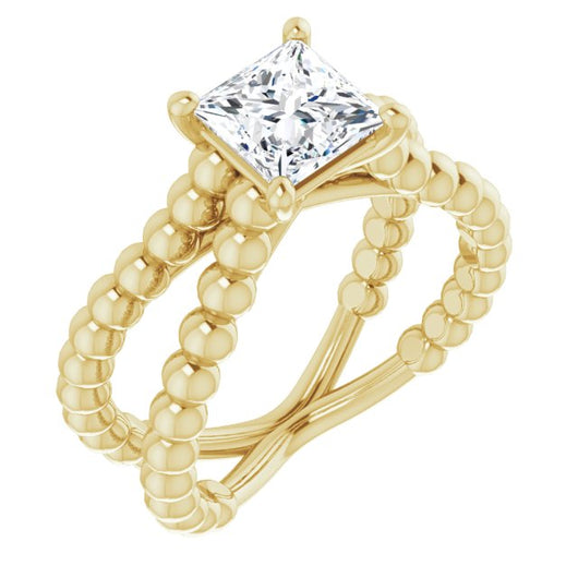 10K Yellow Gold Customizable Princess/Square Cut Solitaire with Wide Beaded Split-Band