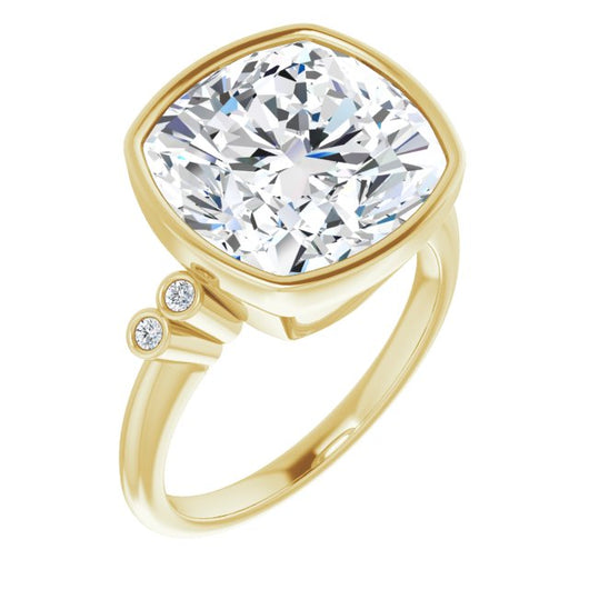 10K Yellow Gold Customizable 5-stone Bezel-set Cushion Cut Design with Quad Round-Bezel Side Stones