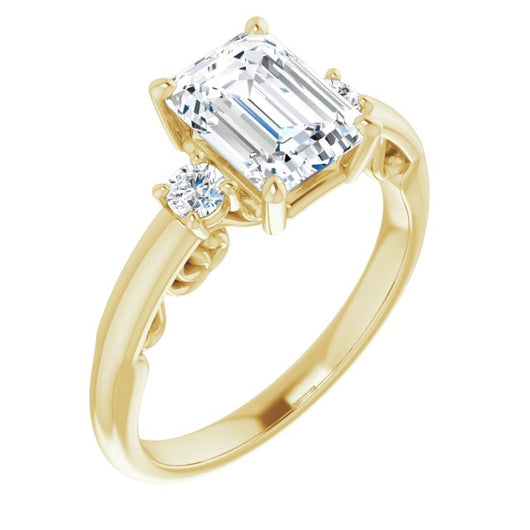 14K Yellow Gold Customizable Emerald/Radiant Cut 3-stone Style featuring Heart-Motif Band Enhancement