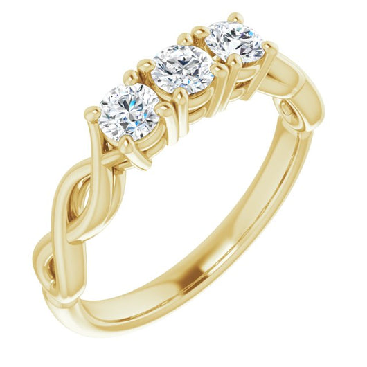 10K Yellow Gold Customizable Triple Round Cut Design with Twisting Infinity Split Band