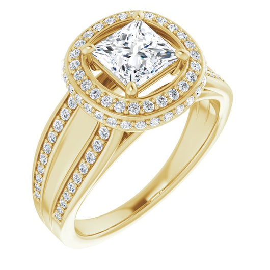 10K Yellow Gold Customizable Halo-style Princess/Square Cut with Under-halo & Ultra-wide Band