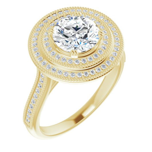 10K Yellow Gold Customizable Round Cut Design with Elegant Double Halo, Houndstooth Milgrain and Band-Channel Accents