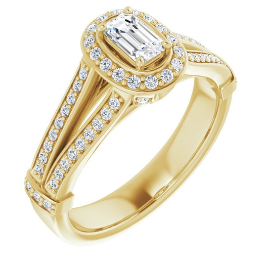 10K Yellow Gold Customizable Emerald/Radiant Cut Setting with Halo, Under-Halo Trellis Accents and Accented Split Band