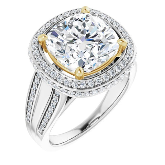 14K White & Yellow Gold Customizable Halo-style Cushion Cut with Under-halo & Ultra-wide Band