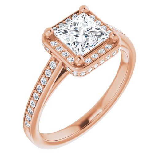 10K Rose Gold Customizable Cathedral-Halo Princess/Square Cut Design with Under-halo & Shared Prong Band