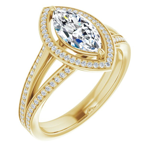 10K Yellow Gold Customizable Marquise Cut Design with Split-Band Shared Prong & Halo