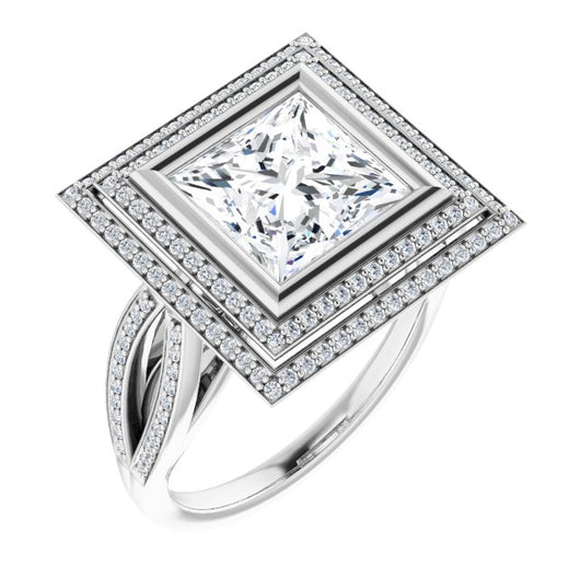 10K White Gold Customizable Bezel-set Princess/Square Cut Style with Double Halo and Split Shared Prong Band