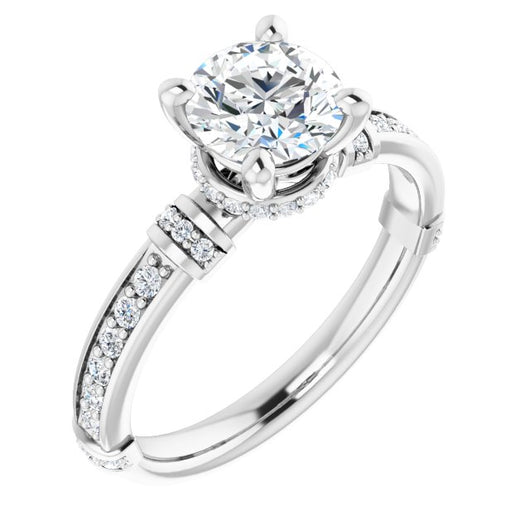 10K White Gold Customizable Round Cut Style featuring Under-Halo, Shared Prong and Quad Horizontal Band Accents