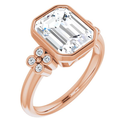 10K Rose Gold Customizable 9-stone Bezel-set Emerald/Radiant Cut Design with Quad Round Bezel Side Stones Each Side