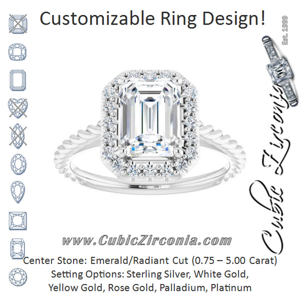 Cubic Zirconia Engagement Ring- The Shiori (Customizable Cathedral-set Emerald Cut Design with Halo and Twisty Rope Band)