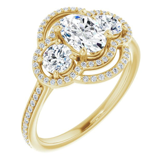 10K Yellow Gold Customizable Enhanced 3-stone Double-Halo Style with Oval Cut Center and Thin Band