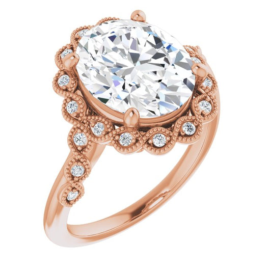 10K Rose Gold Customizable 3-stone Design with Oval Cut Center and Halo Enhancement