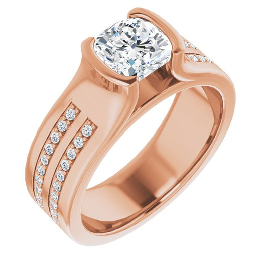 10K Rose Gold Customizable Bezel-set Cushion Cut Design with Thick Band featuring Double-Row Shared Prong Accents