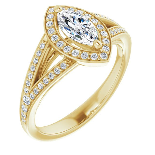 10K Yellow Gold Customizable Cathedral-Halo Marquise Cut Style featuring Split-Shared Prong Band