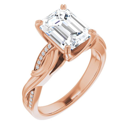 10K Rose Gold Customizable Cathedral-raised Emerald/Radiant Cut Design featuring Rope-Braided Half-Pavé Band