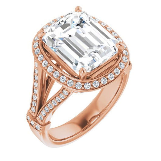 10K Rose Gold Customizable Emerald/Radiant Cut Setting with Halo, Under-Halo Trellis Accents and Accented Split Band