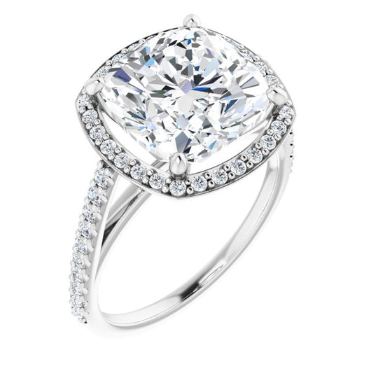 10K White Gold Customizable Cushion Cut Design with Halo and Thin Pavé Band