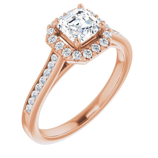 10K Rose Gold Customizable Asscher Cut Design with Halo, Round Channel Band and Floating Peekaboo Accents