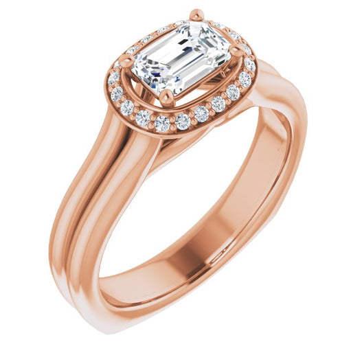 10K Rose Gold Customizable Emerald/Radiant Cut Style with Halo, Wide Split Band and Euro Shank