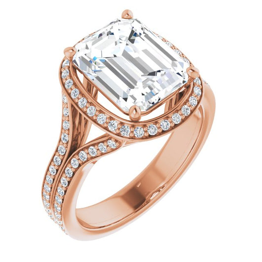 10K Rose Gold Customizable Cathedral-raised Emerald/Radiant Cut Setting with Halo and Shared Prong Band