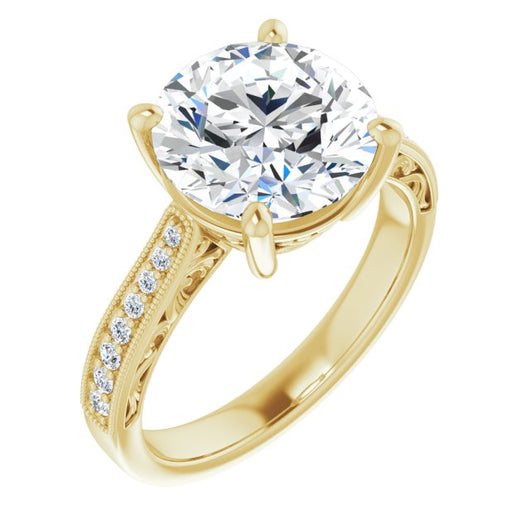 10K Yellow Gold Customizable Round Cut Design with Round Band Accents and Three-sided Filigree Engraving