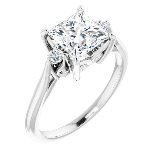 10K White Gold Customizable Three-stone Princess/Square Cut Design with Small Round Accents and Vintage Trellis/Basket