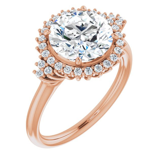 10K Rose Gold Customizable Round Cut Cathedral-Halo Design with Tri-Cluster Round Accents