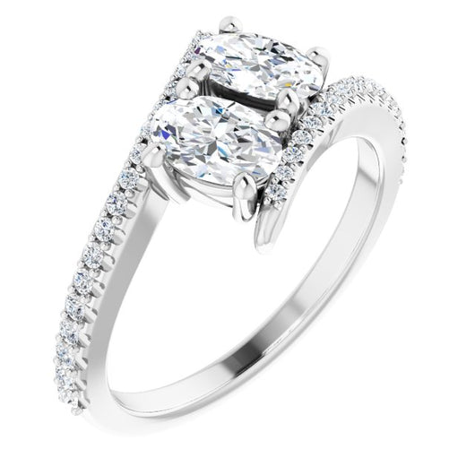 10K White Gold Customizable Double Oval Cut 2-stone Design with Ultra-thin Bypass Band and Pavé Enhancement