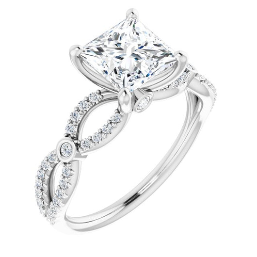 10K White Gold Customizable Princess/Square Cut Design with Infinity-inspired Split Pavé Band and Bezel Peekaboo Accents