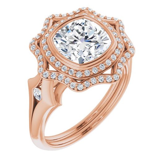 10K Rose Gold Customizable Cathedral-bezel Cushion Cut Design with Floral Double Halo and Channel-Accented Split Band