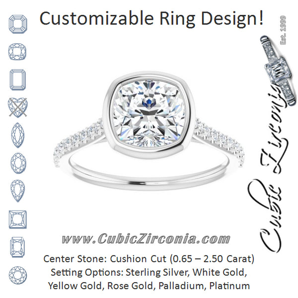 Cubic Zirconia Engagement Ring- The Careena (Customizable Bezel-set Cushion Cut Style with Ultra-thin Pavé-Accented Band)