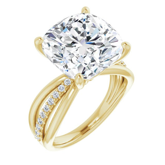 10K Yellow Gold Customizable Cushion Cut Design with Tri-Split Accented Band