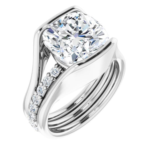 10K White Gold Customizable Bezel-set Cushion Cut Style with Thick Pavé Band