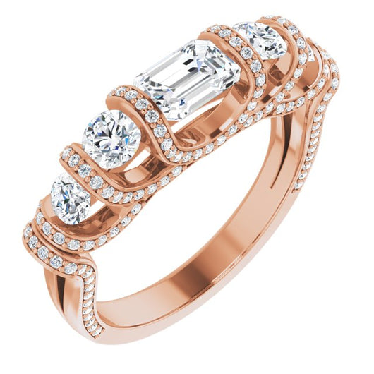 10K Rose Gold Customizable Bar-set Emerald/Radiant Cut 5-stone Design Plus Grandiose Pavé Accents