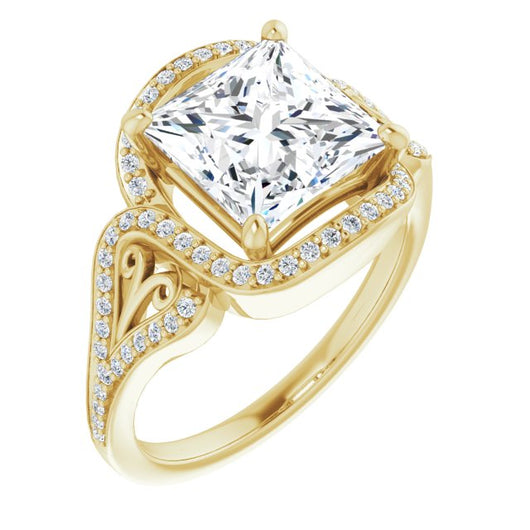 10K Yellow Gold Customizable Princess/Square Cut Design with Bypass Halo and Split-Shared Prong Band