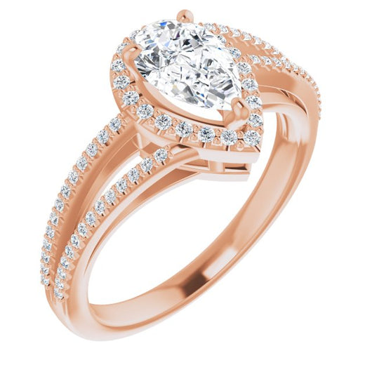 10K Rose Gold Customizable Pear Cut Vintage Design with Halo Style and Asymmetrical Split-Pavé Band