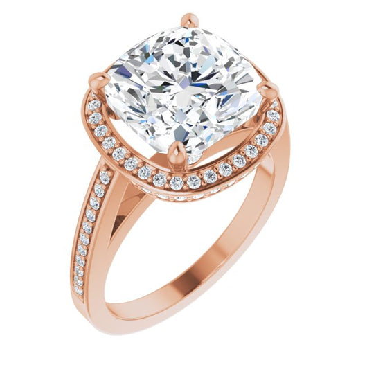 10K Rose Gold Customizable Cathedral-set Cushion Cut Design with Halo, Thin Pavé Band & Round-Bezel Peekaboos