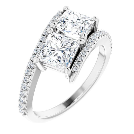 10K White Gold Customizable Double Princess/Square Cut 2-stone Design with Ultra-thin Bypass Band and Pavé Enhancement