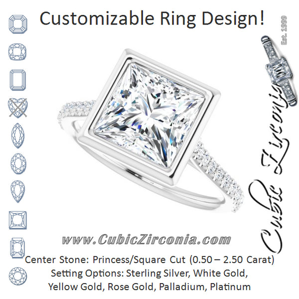 Cubic Zirconia Engagement Ring- The Careena (Customizable Bezel-set Princess/Square Cut Style with Ultra-thin Pavé-Accented Band)