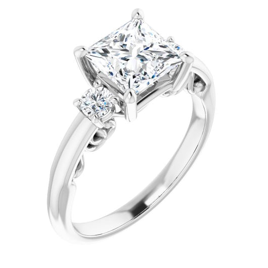 10K White Gold Customizable Princess/Square Cut 3-stone Style featuring Heart-Motif Band Enhancement