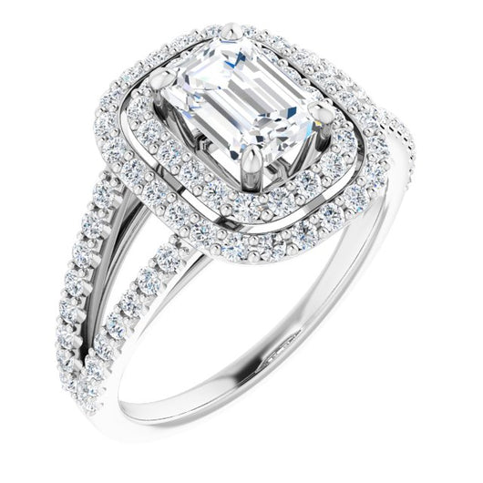 10K White Gold Customizable Emerald/Radiant Cut Design with Double Halo and Wide Split-Pavé Band