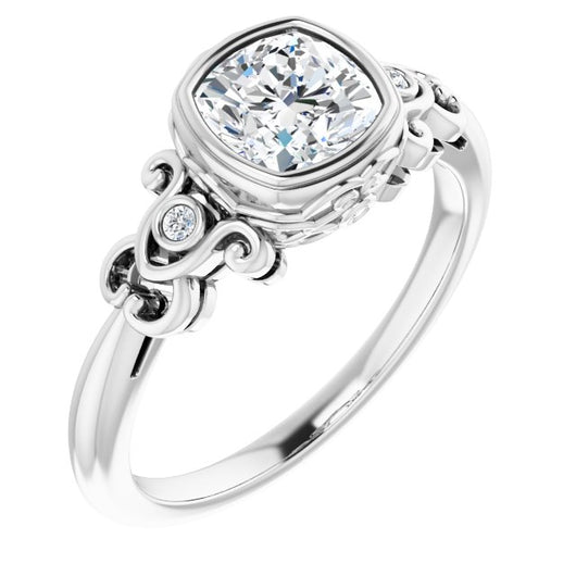 10K White Gold Customizable 5-stone Design with Cushion Cut Center and Quad Round-Bezel Accents