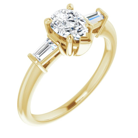 10K Yellow Gold Customizable 3-stone Pear Cut Design with Dual Baguette Accents)