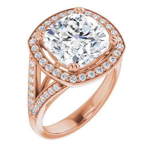 10K Rose Gold Customizable Cathedral-set Cushion Cut Style with Accented Split Band and Halo