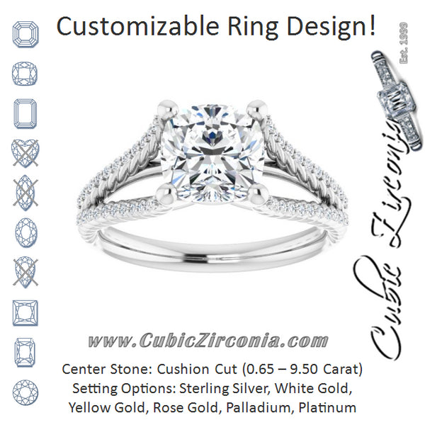 Cubic Zirconia Engagement Ring- The Contessa (Customizable Cushion Cut Style with Split Band and Rope-Pavé)