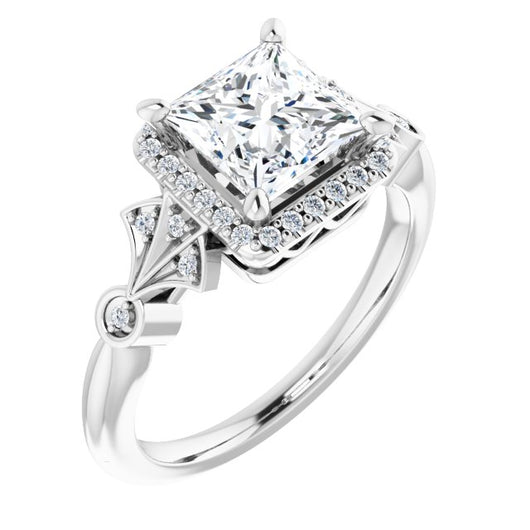 10K White Gold Customizable Cathedral-Crown Princess/Square Cut Design with Halo and Scalloped Side Stones