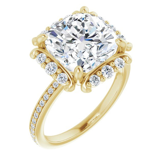 10K Yellow Gold Customizable Cushion Cut Style with Halo and Thin Shared Prong Band