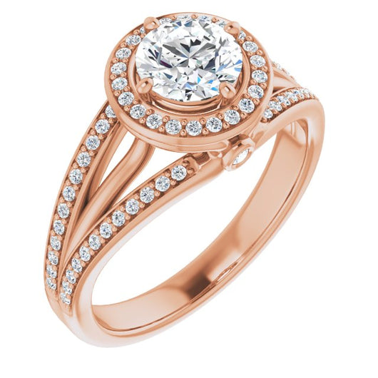 10K Rose Gold Customizable High-set Round Cut Design with Halo, Wide Tri-Split Shared Prong Band and Round Bezel Peekaboo Accents