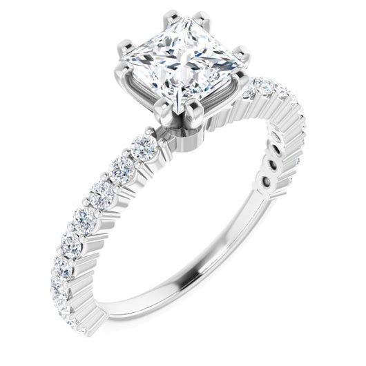 10K White Gold Customizable 8-prong Princess/Square Cut Design with Thin, Stackable Pav? Band